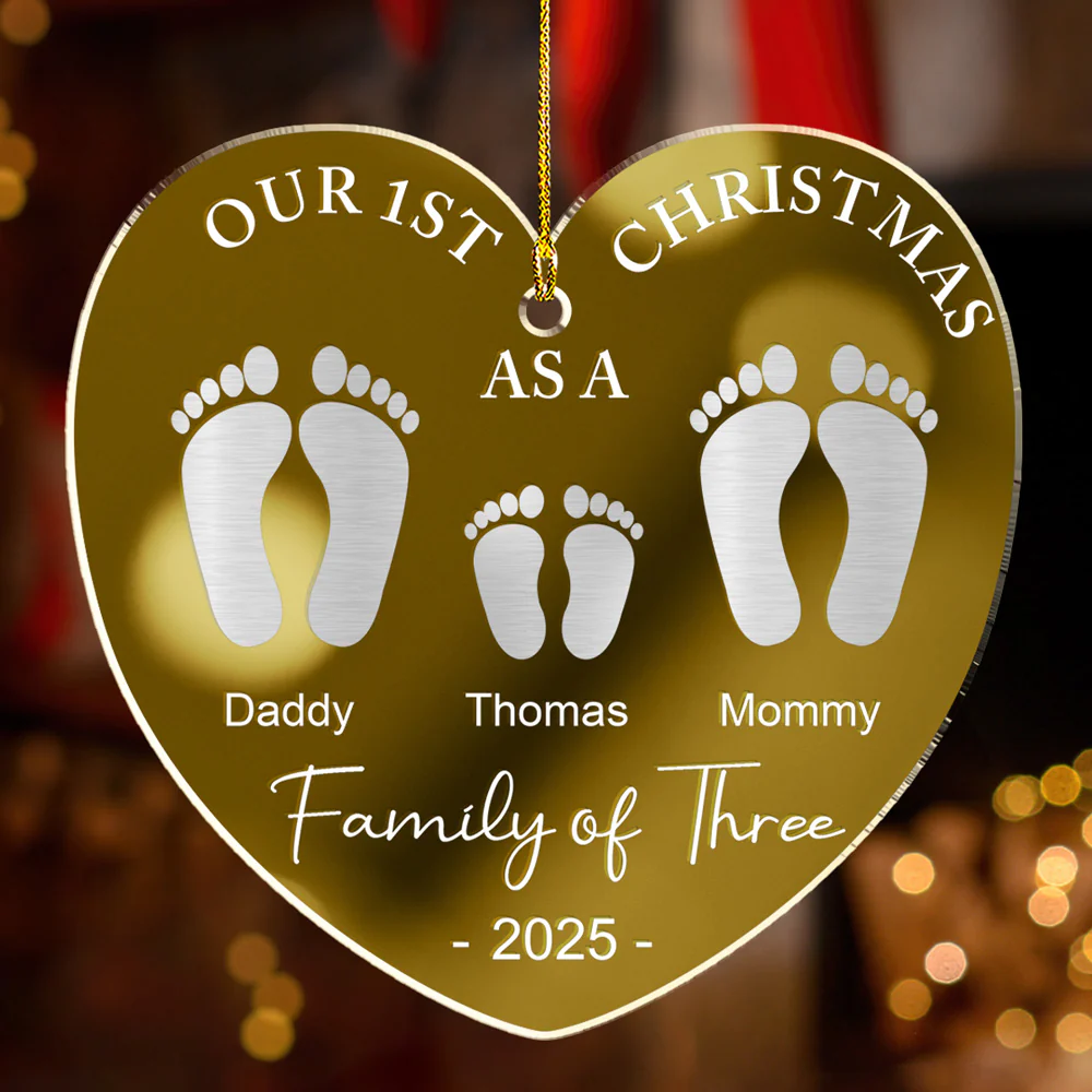 First Christmas As A Family Footprints - Personalized Custom Mirrored Acrylic Ornament - Image 2