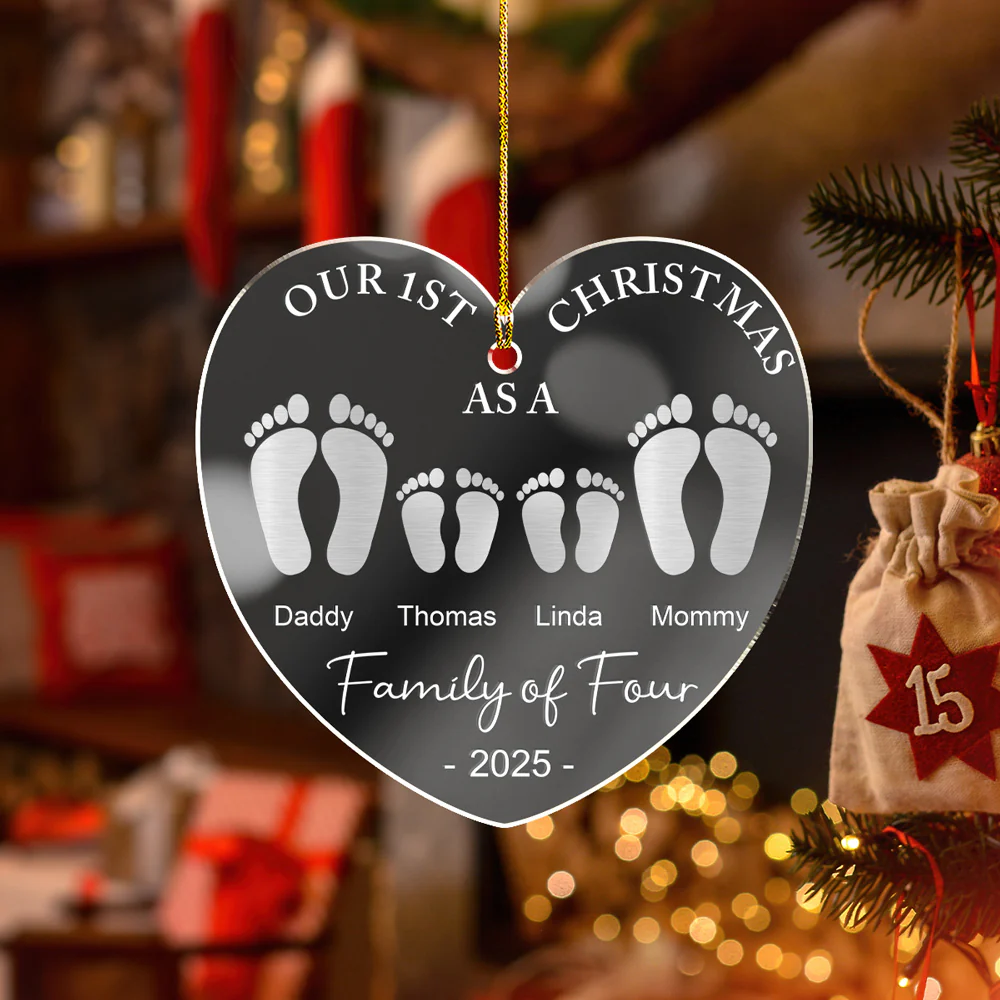 First Christmas As A Family Footprints - Personalized Custom Mirrored Acrylic Ornament - Image 4