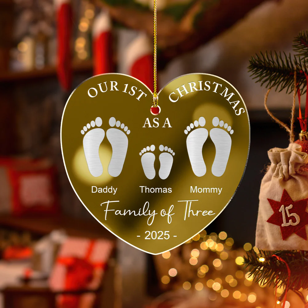 First Christmas As A Family Footprints - Personalized Custom Mirrored Acrylic Ornament - Image 5