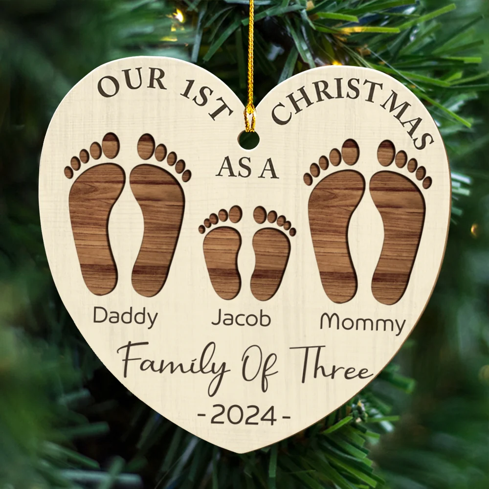 First Christmas As A Family Footprints - Personalized Custom Wood Ornament - Image 6