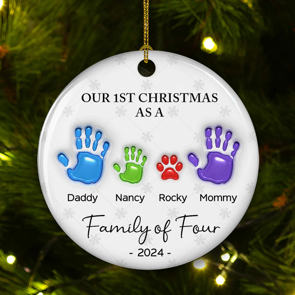 First Christmas As A Family Handprints - Personalized Custom 3D Inflated Effect Ceramic Ornament