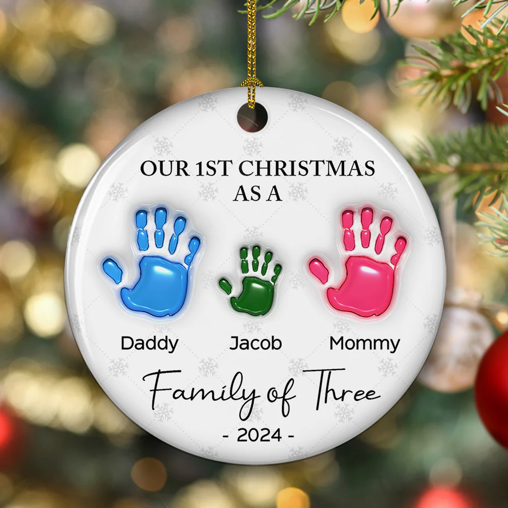 First Christmas As A Family Handprints - Personalized Custom 3D Inflated Effect Ceramic Ornament - Image 2
