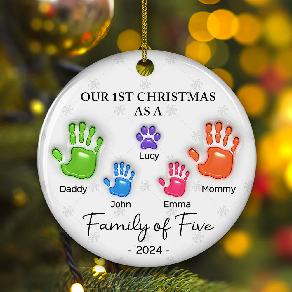 First Christmas As A Family Handprints - Personalized Custom 3D Inflated Effect Ceramic Ornament - Image 3
