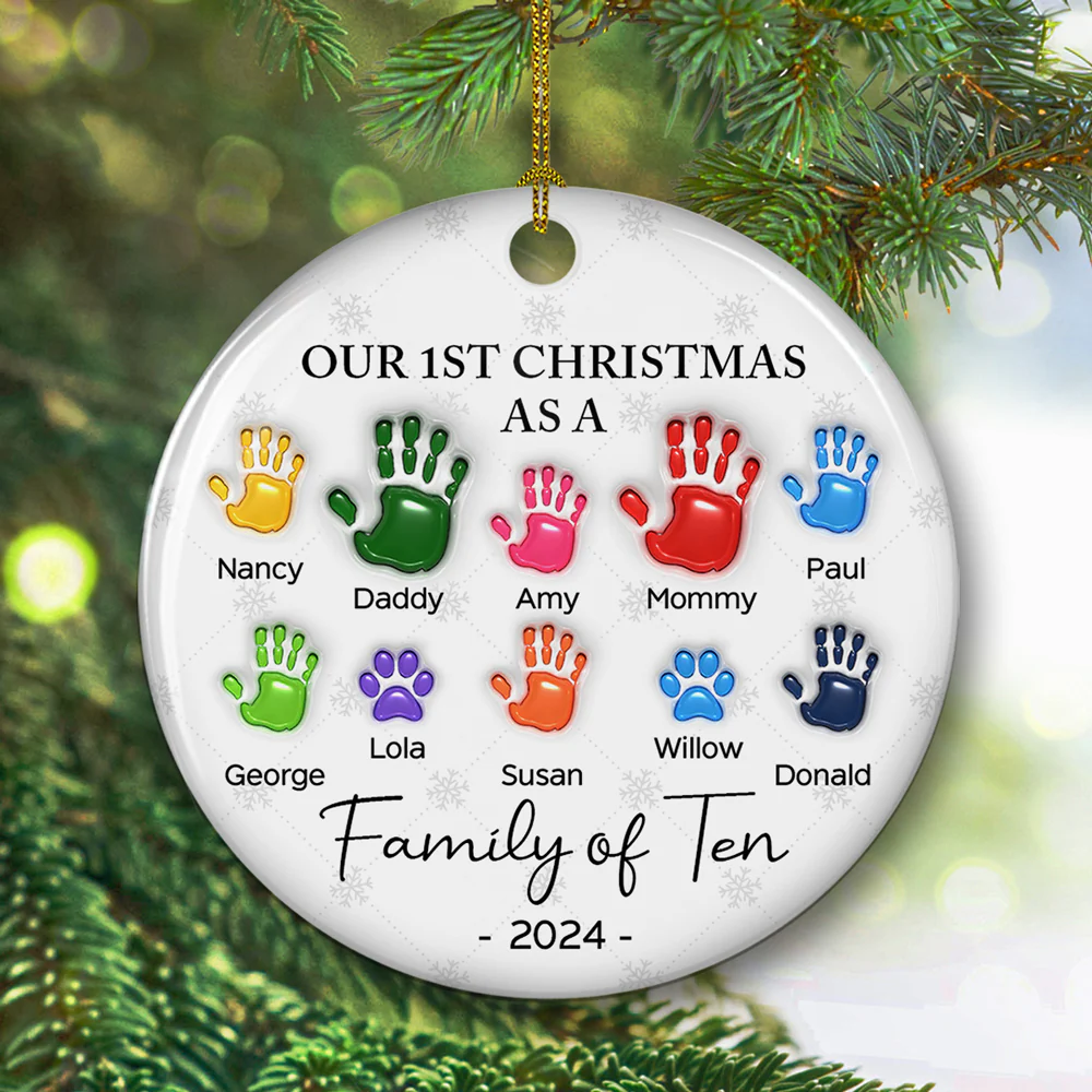 First Christmas As A Family Handprints - Personalized Custom 3D Inflated Effect Ceramic Ornament - Image 5