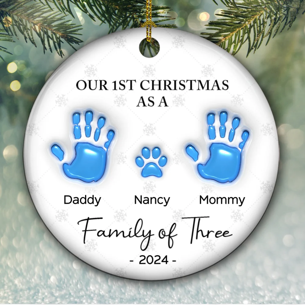First Christmas As A Family Handprints - Personalized Custom 3D Inflated Effect Ceramic Ornament - Image 6