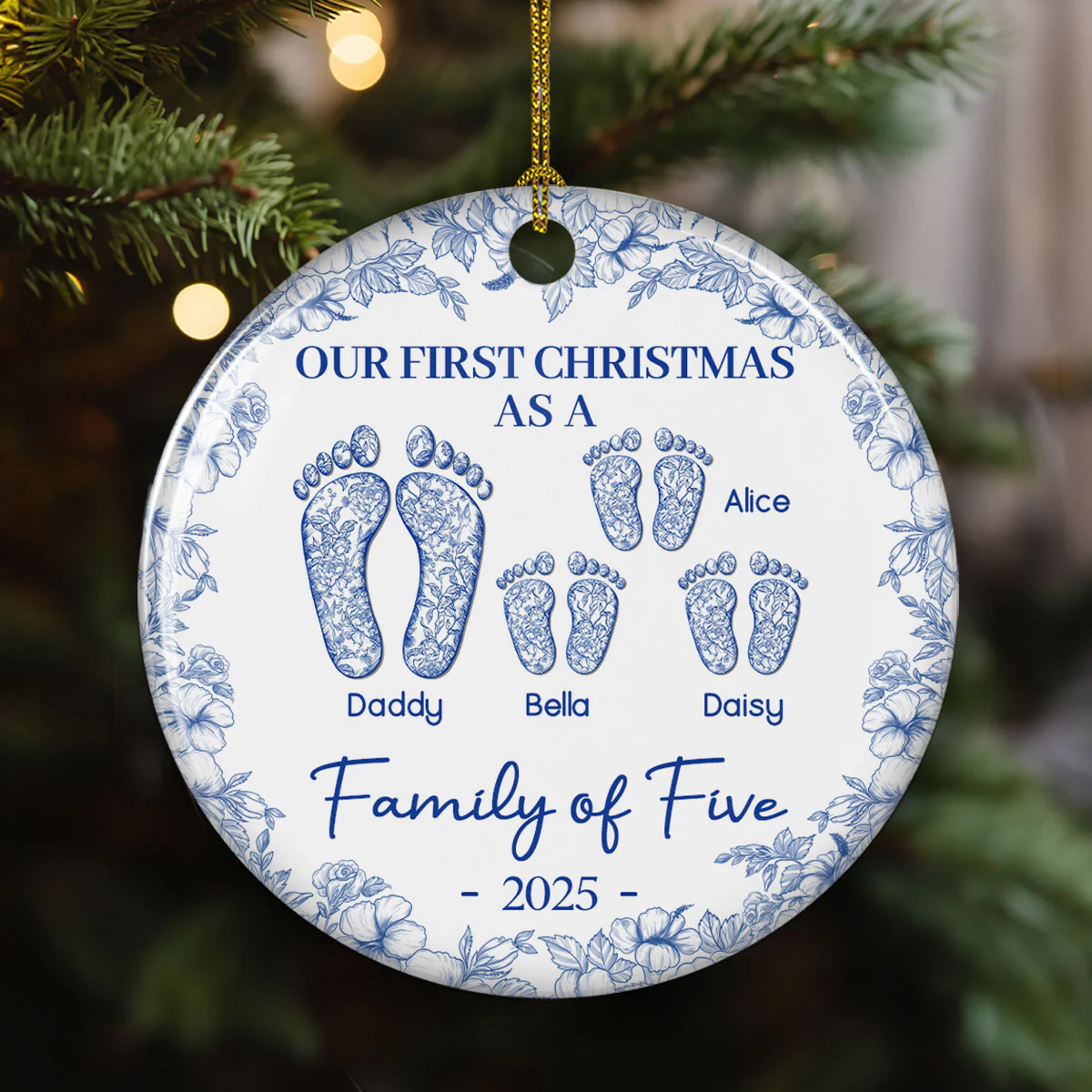 First Christmas As A Family Of Four Toile Footprints - Personalized Custom Ceramic Ornament - Image 4