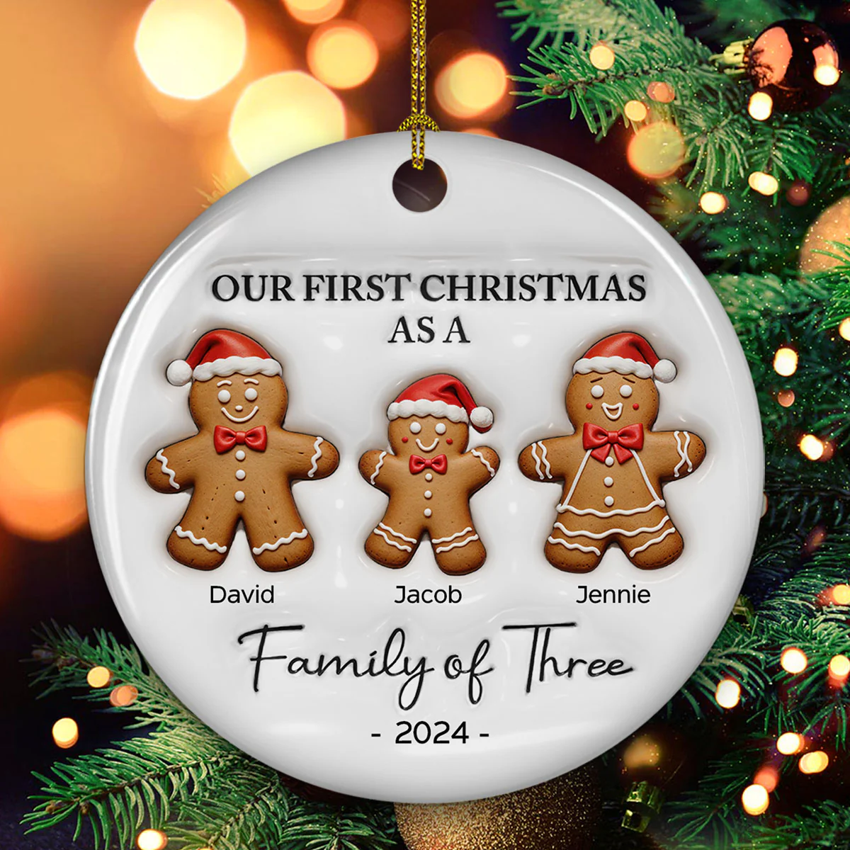 First Christmas As A Family Of Three Gingerbread - Personalized Custom 3D Inflated Effect Ceramic Ornament - Image 2
