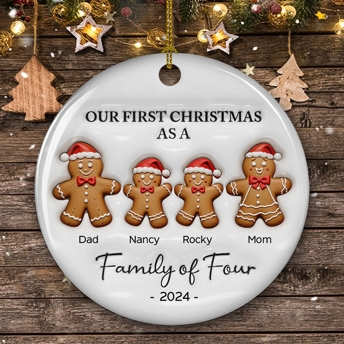 First Christmas As A Family Of Three Gingerbread - Personalized Custom 3D Inflated Effect Ceramic Ornament - Image 3