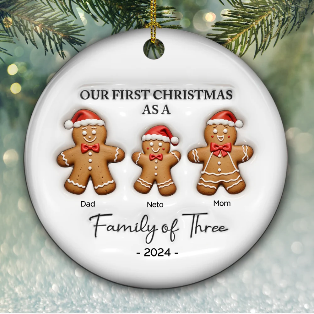 First Christmas As A Family Of Three Gingerbread - Personalized Custom 3D Inflated Effect Ceramic Ornament - Image 5