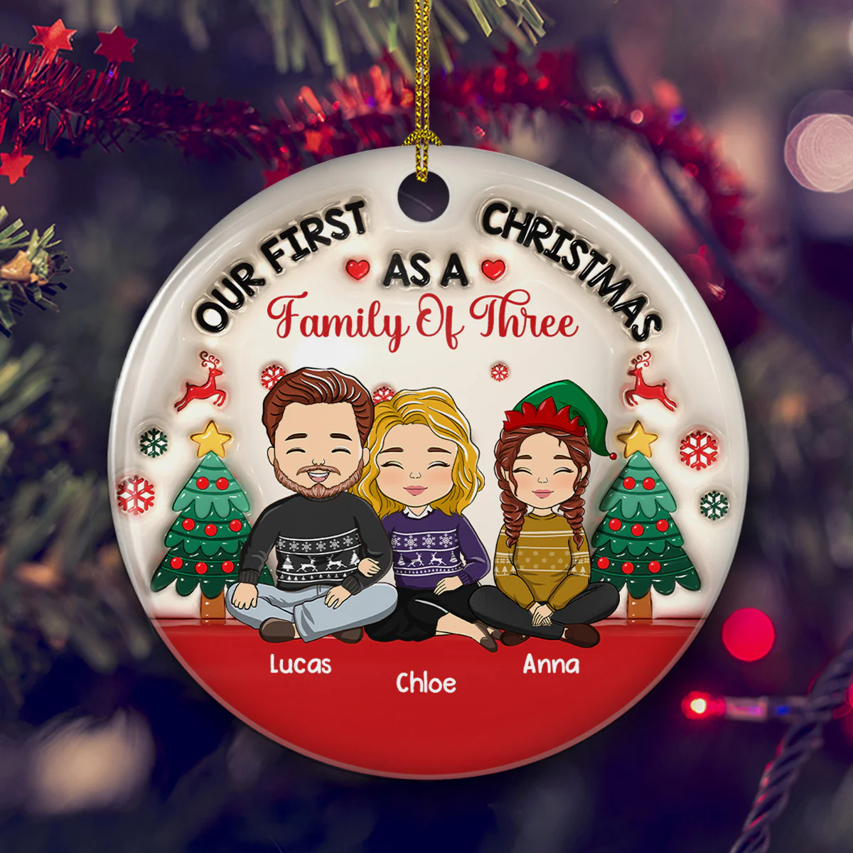 First Christmas As A Family Of Three - Personalized Custom 3D Inflated Effect Ceramic Ornament - Image 2