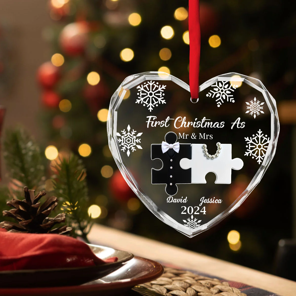 First Christmas As Married - Personalized Custom Glass Ornament - Image 3