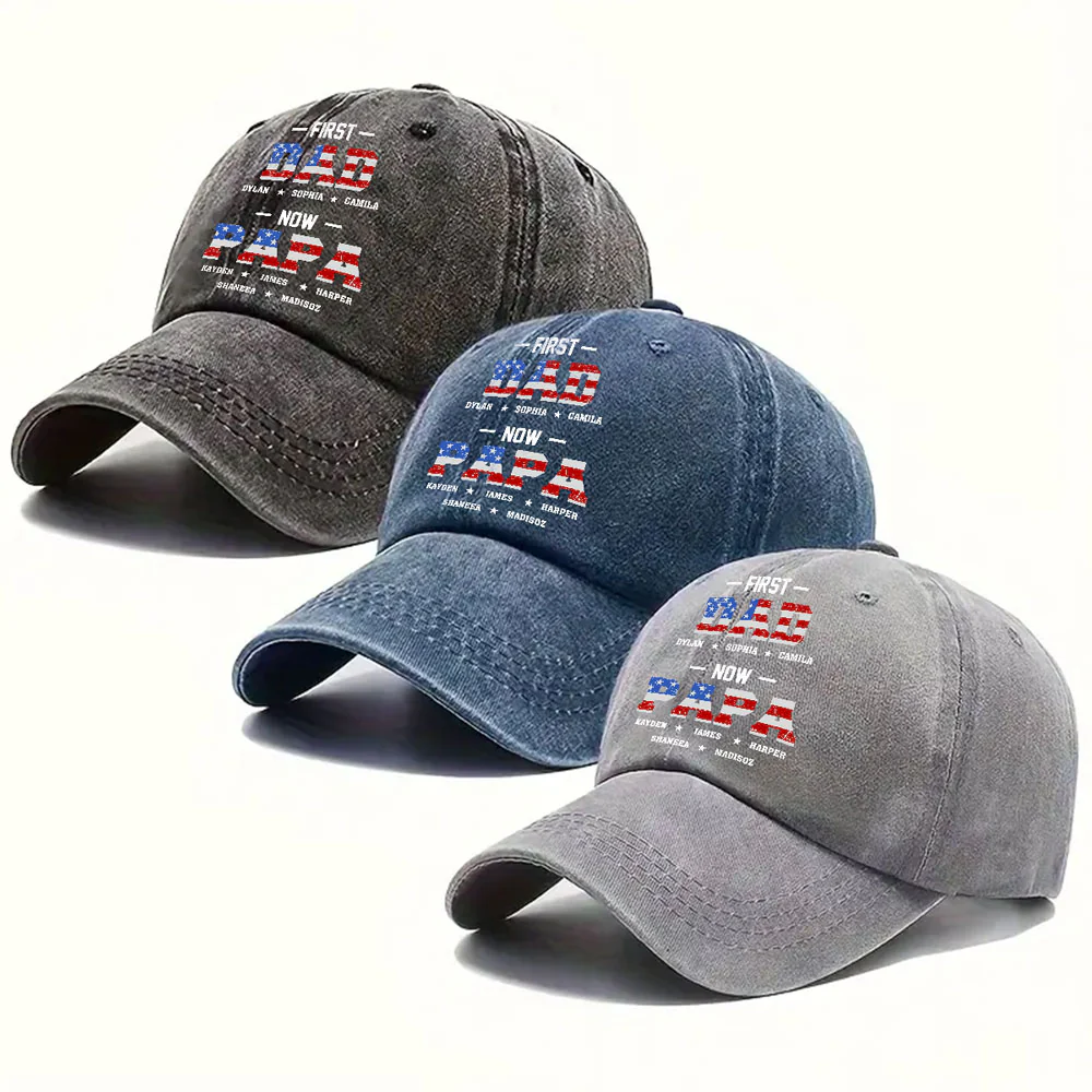 First Dad Now Papa - Personalized Custom Vintage Washed Denim Cap - Image 4