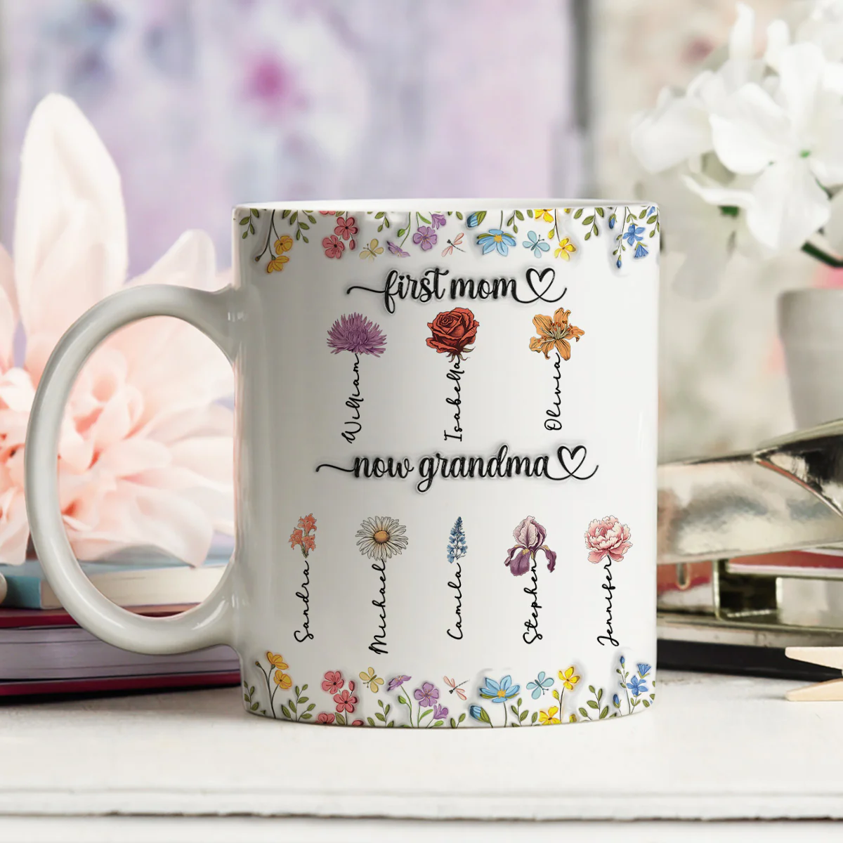First Mom Now Grandma Birth Flower - Personalized Custom 3D Inflated Effect Mug - Image 3