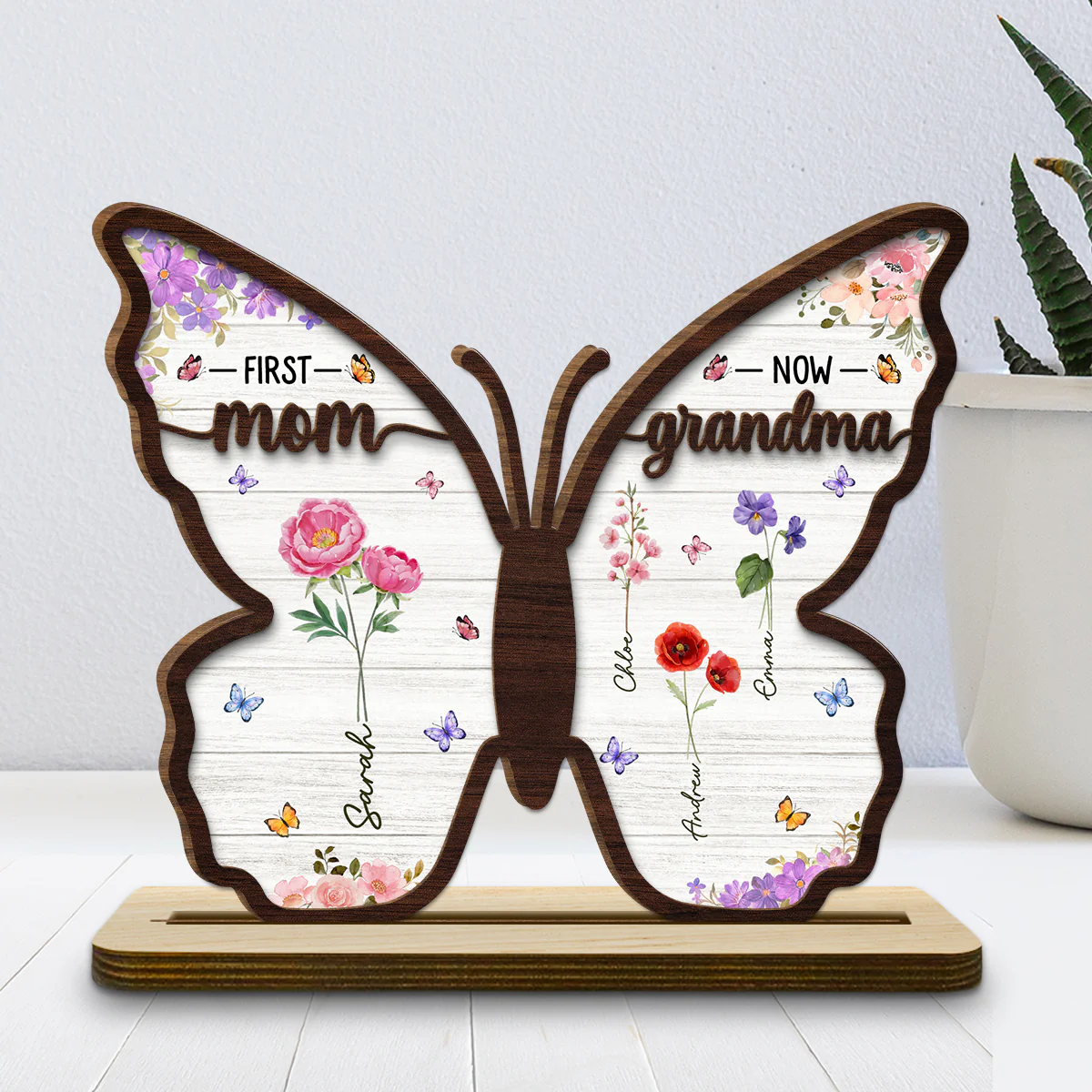 First Mom Now Grandma Butterfly - Personalized Custom 2-Layer Wood Plaque With Flat Base - Image 5