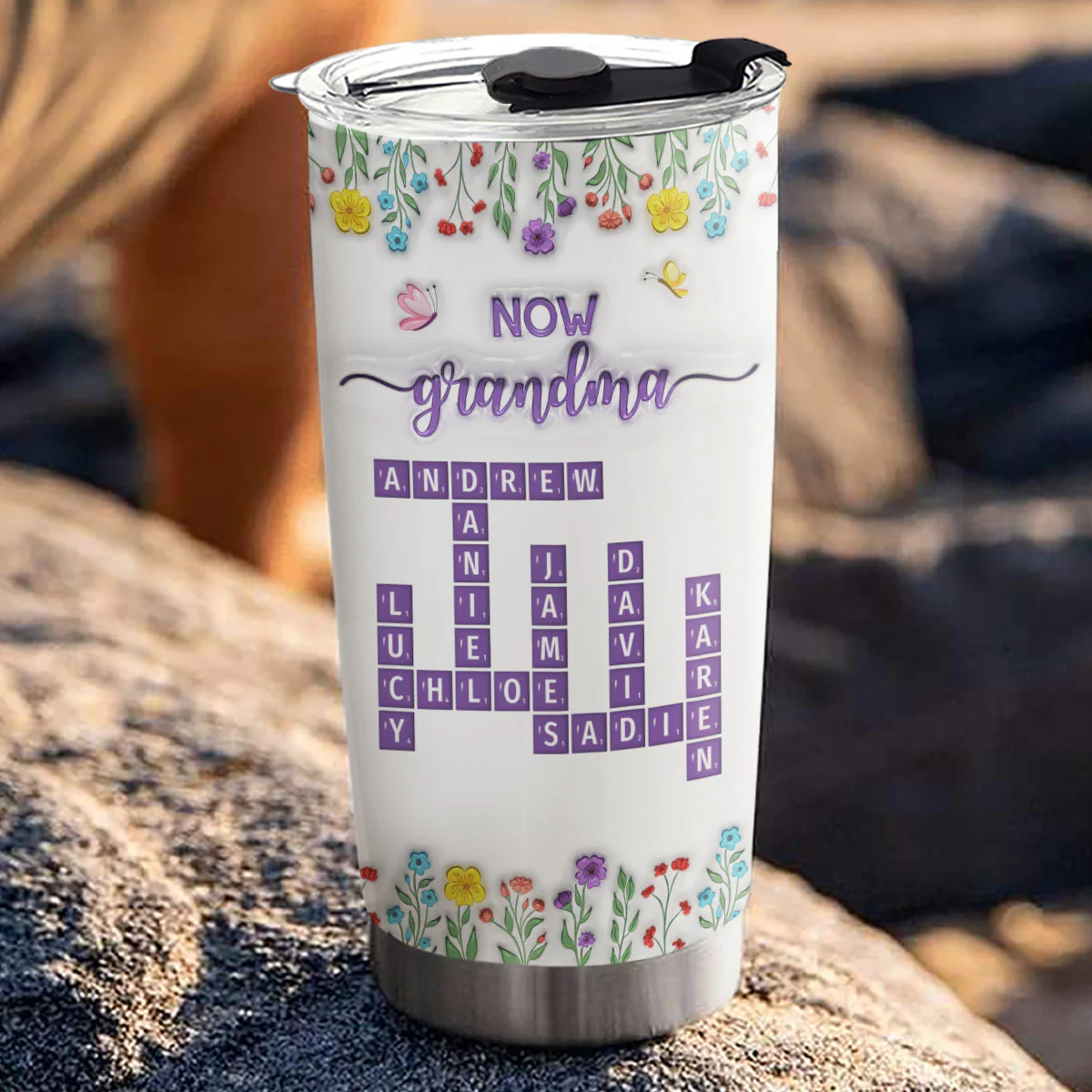 First Mom Now Grandma Crossword Floral Version - Personalized Custom 3D Inflated Effect Tumbler - Image 3