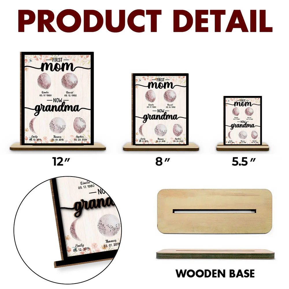 First Mom Now Grandma Floral Birth Moon - Personalized Custom 2-Layer Wood Plaque With Flat Base - Image 5
