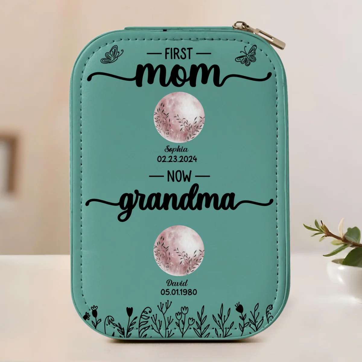 First Mom Now Grandma Floral Birth Moon - Personalized Custom Jewelry Box With LED Mirror - Image 8