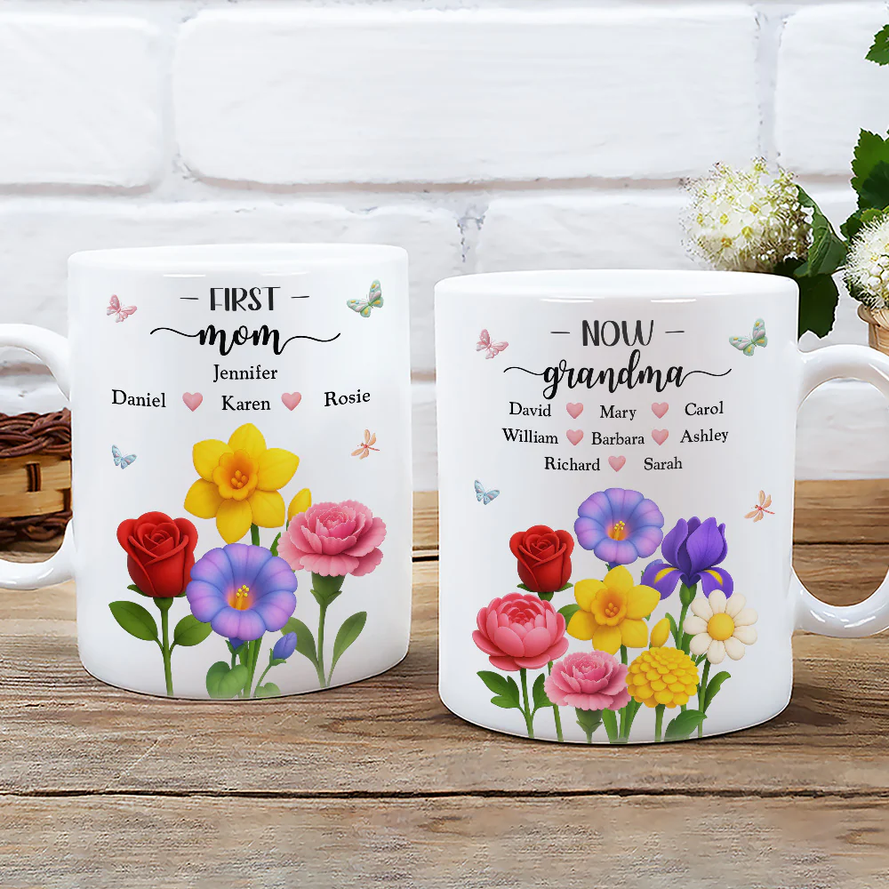First Mom Now Grandma Floral - Personalized Custom Coffee Mug - Image 5