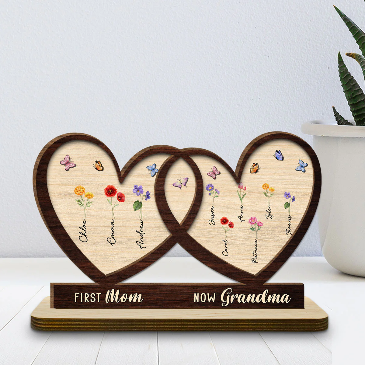 First Mom Now Grandma Flower - Personalized Custom 2-Layer Wood Plaque With Flat Base - Image 2