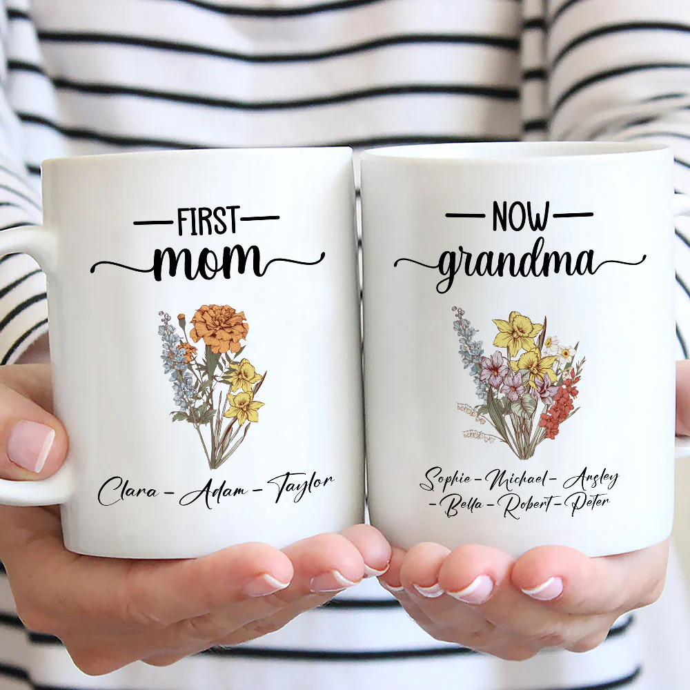First Mom Now Grandma Flower - Personalized Custom Coffee Mug - Image 2