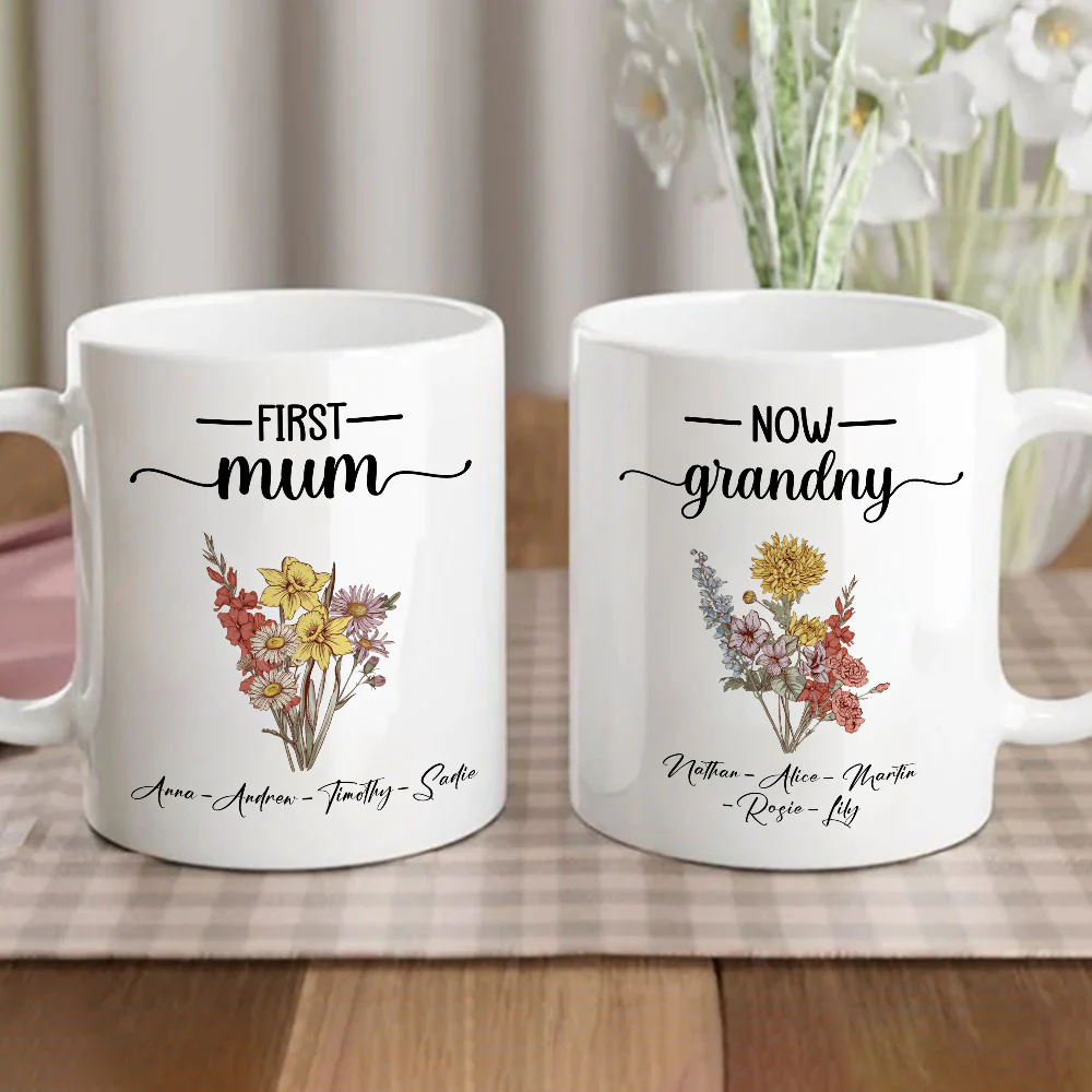 First Mom Now Grandma Flower - Personalized Custom Coffee Mug - Image 5