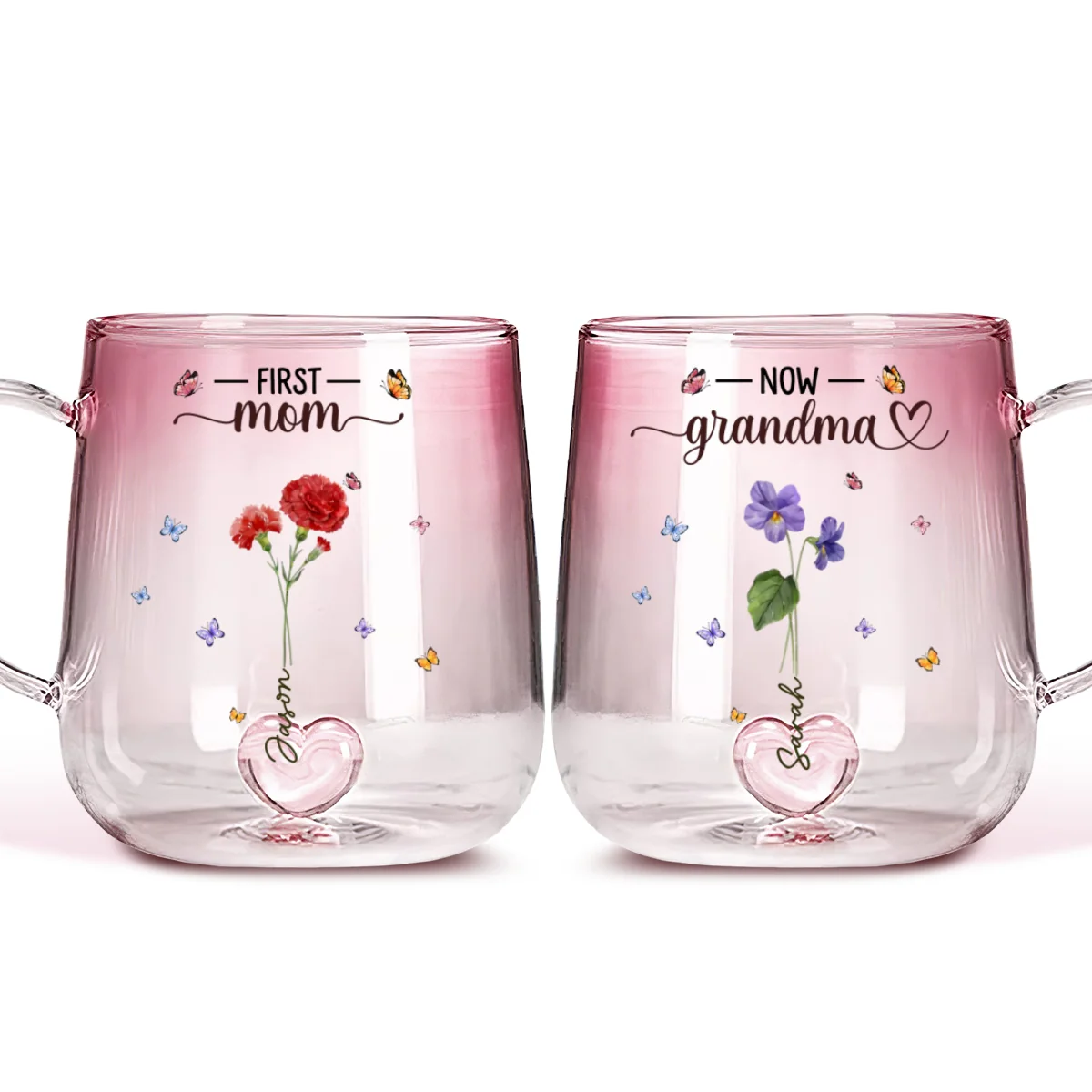 First Mom Now Grandma Flower - Personalized Custom Pink Gradient Glass Mug - Image 6