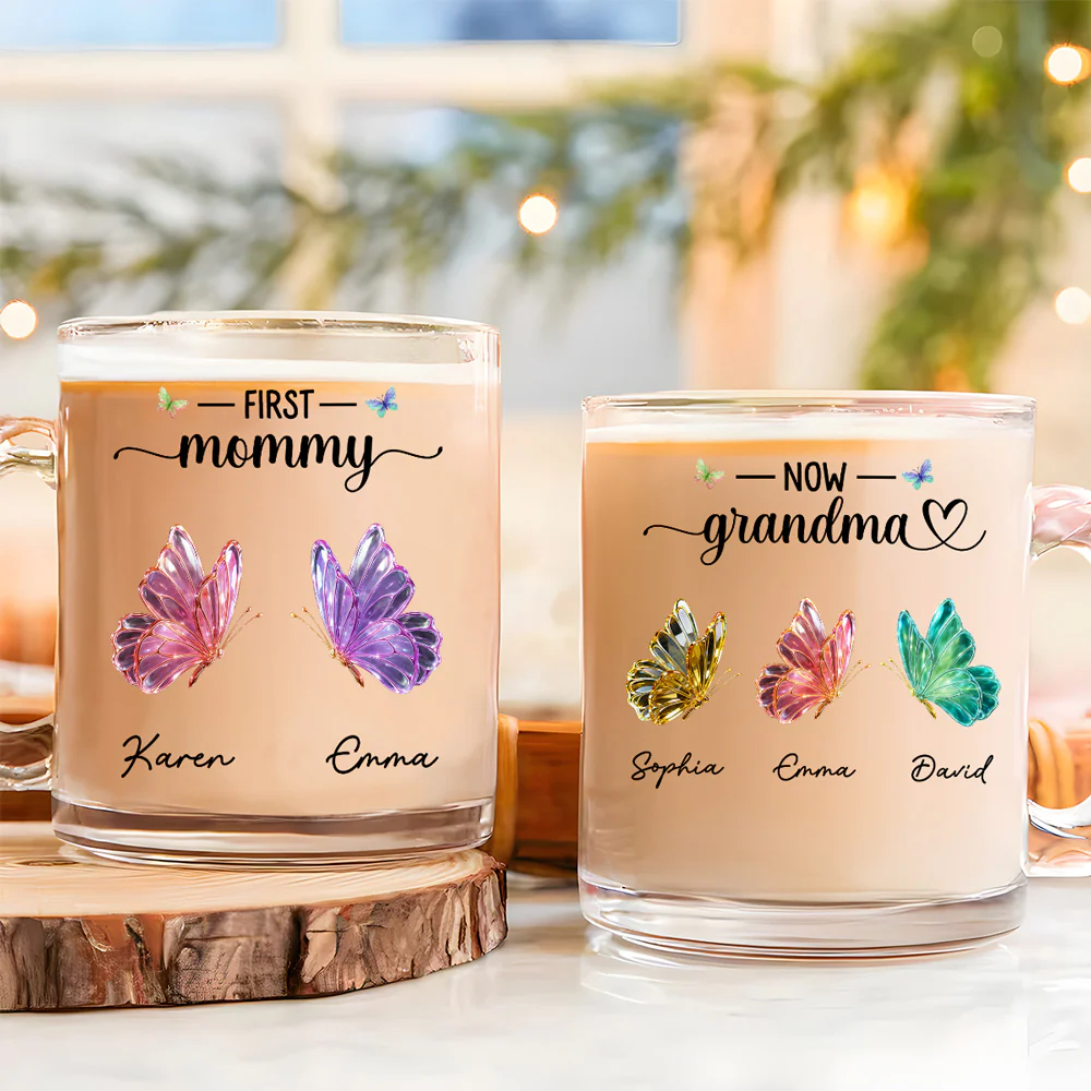 First Mom Now Grandma Lovely Butterflies - Personalized Custom Glass Mug - Image 2