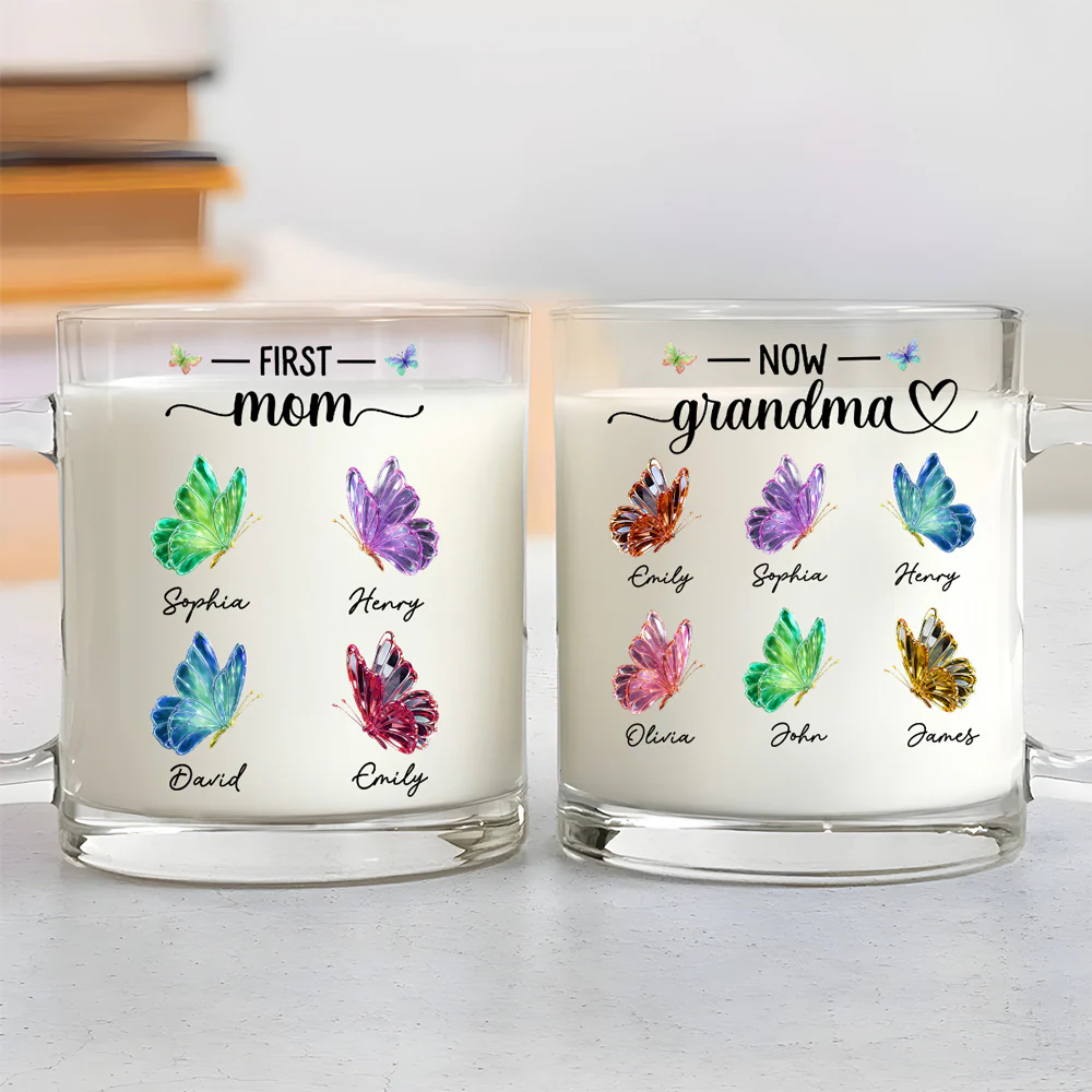 First Mom Now Grandma Lovely Butterflies - Personalized Custom Glass Mug - Image 3