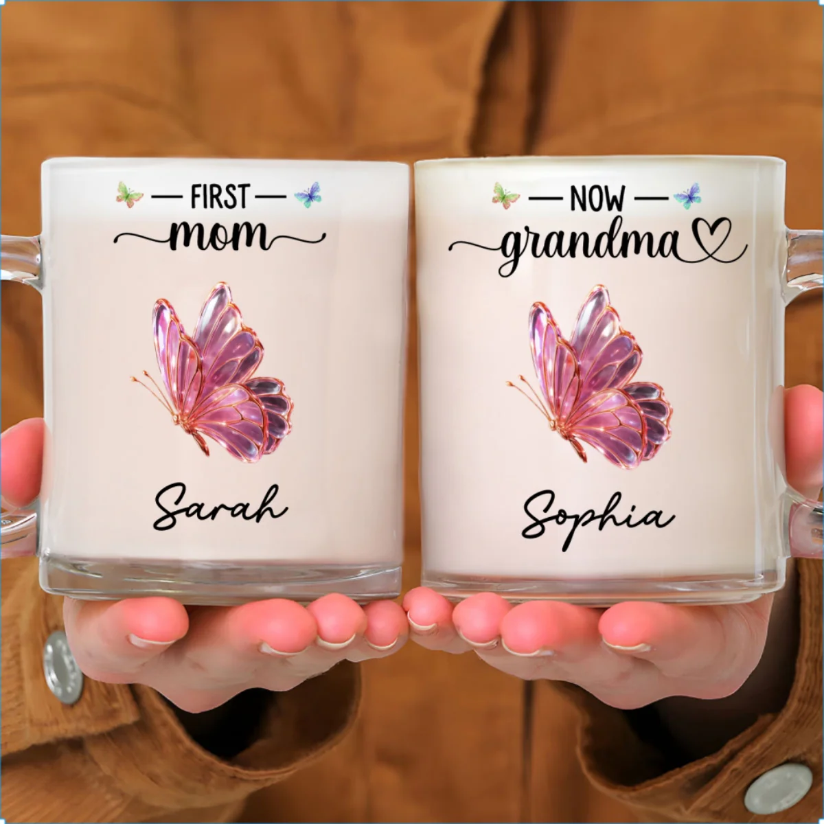 First Mom Now Grandma Lovely Butterflies - Personalized Custom Glass Mug - Image 7