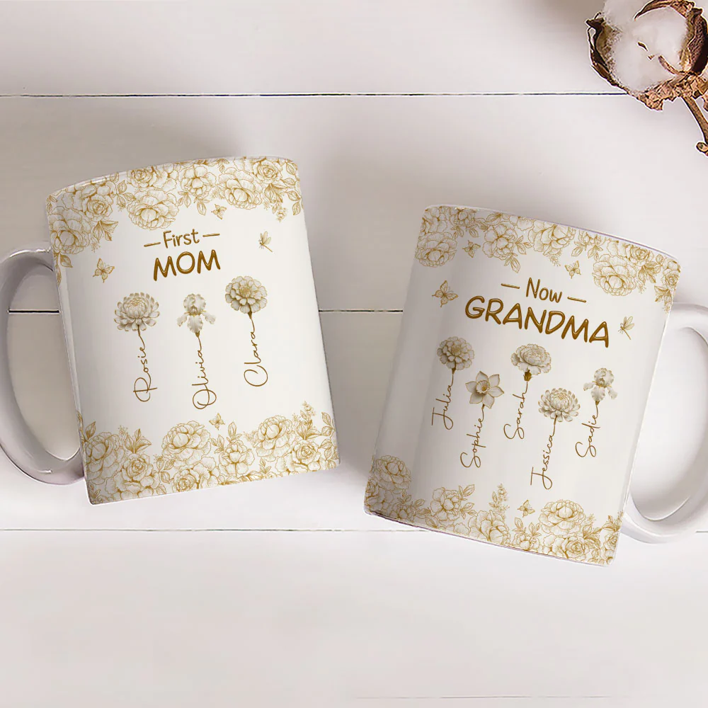 First Mom Now Grandma Of Lovely Flowers - Personalized Custom Coffee Mug - Image 3