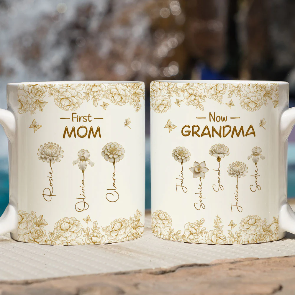 First Mom Now Grandma Of Lovely Flowers - Personalized Custom Coffee Mug - Image 4