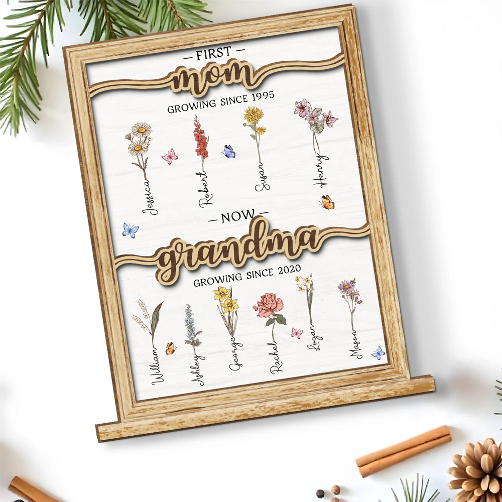 First Mom Now Grandma - Personalized Custom 2-Layer Wood Plaque With Flat Base - Image 2