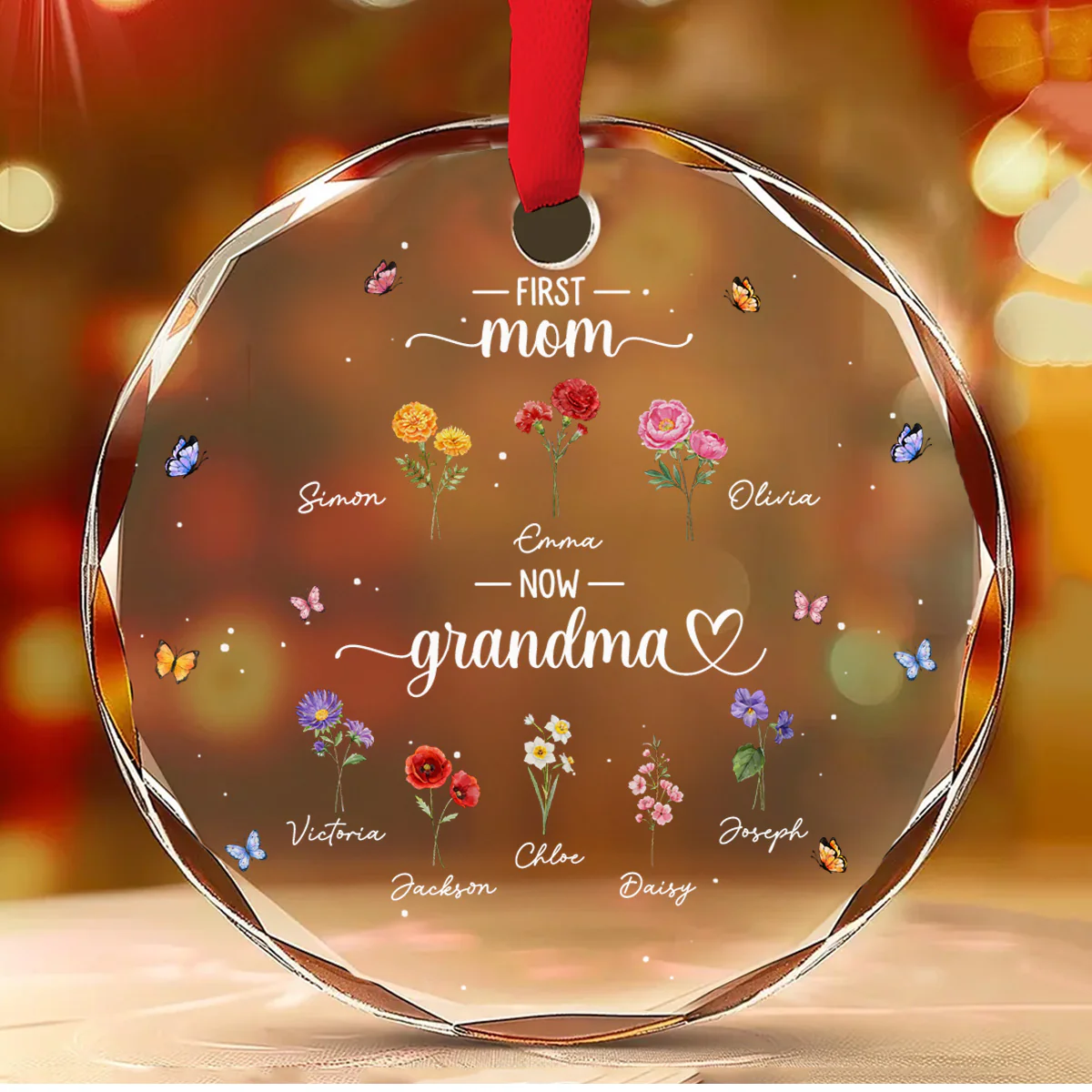 First Mom Now Happiness Grandma - Personalized Custom Glass Ornament - Image 2