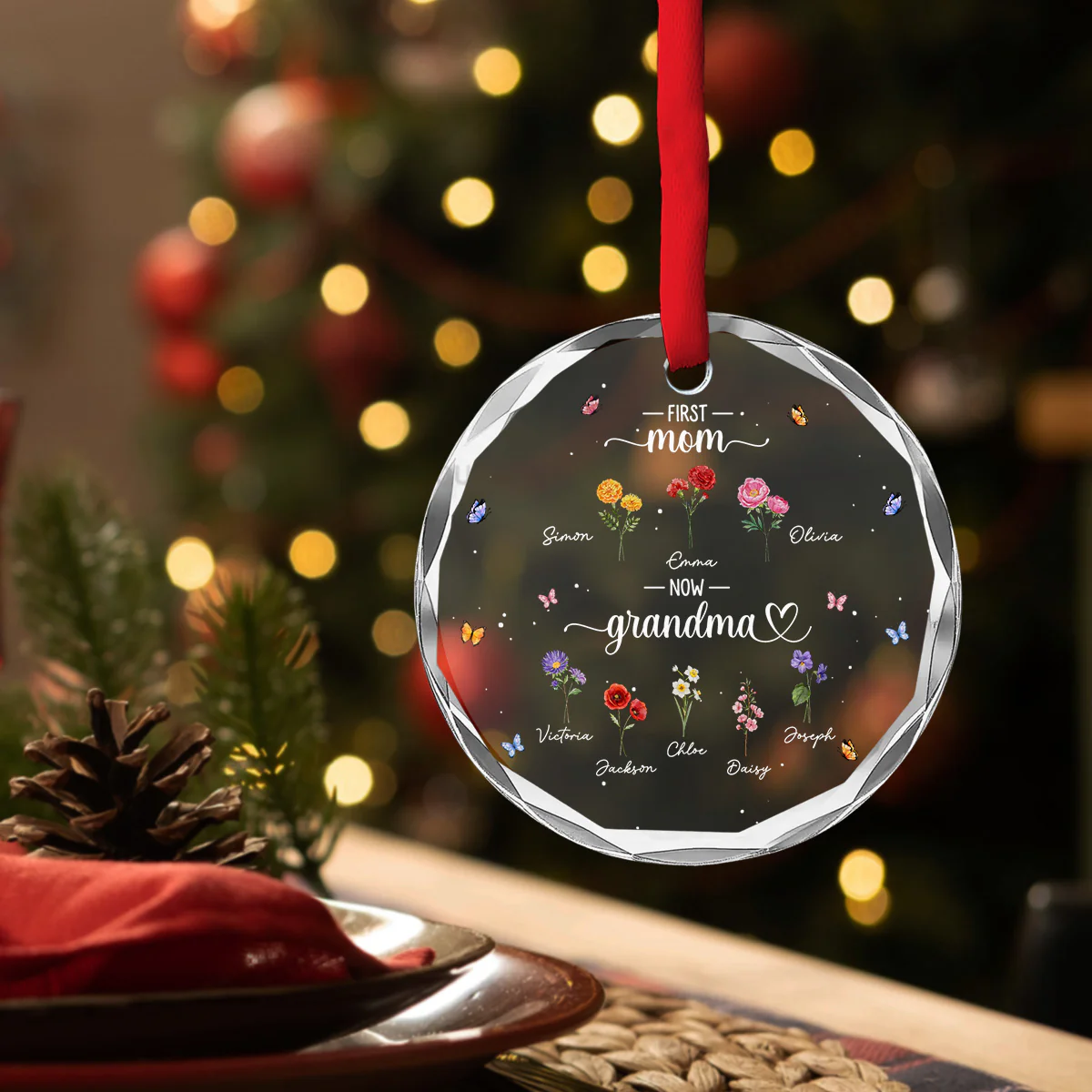 First Mom Now Happiness Grandma - Personalized Custom Glass Ornament - Image 4