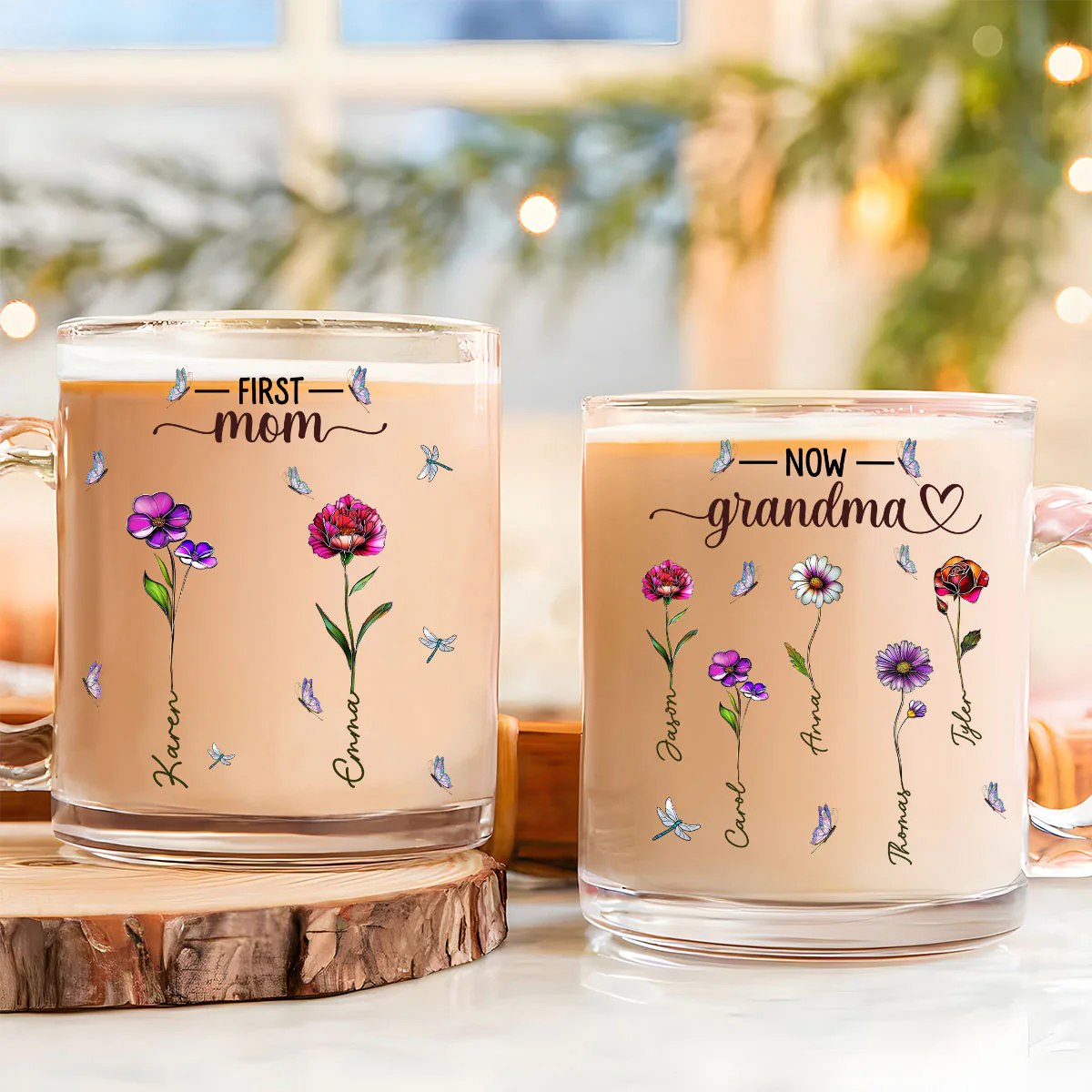 First Mom Now Nana Birthmonth Flower - Personalized Custom Glass Mug - Image 2