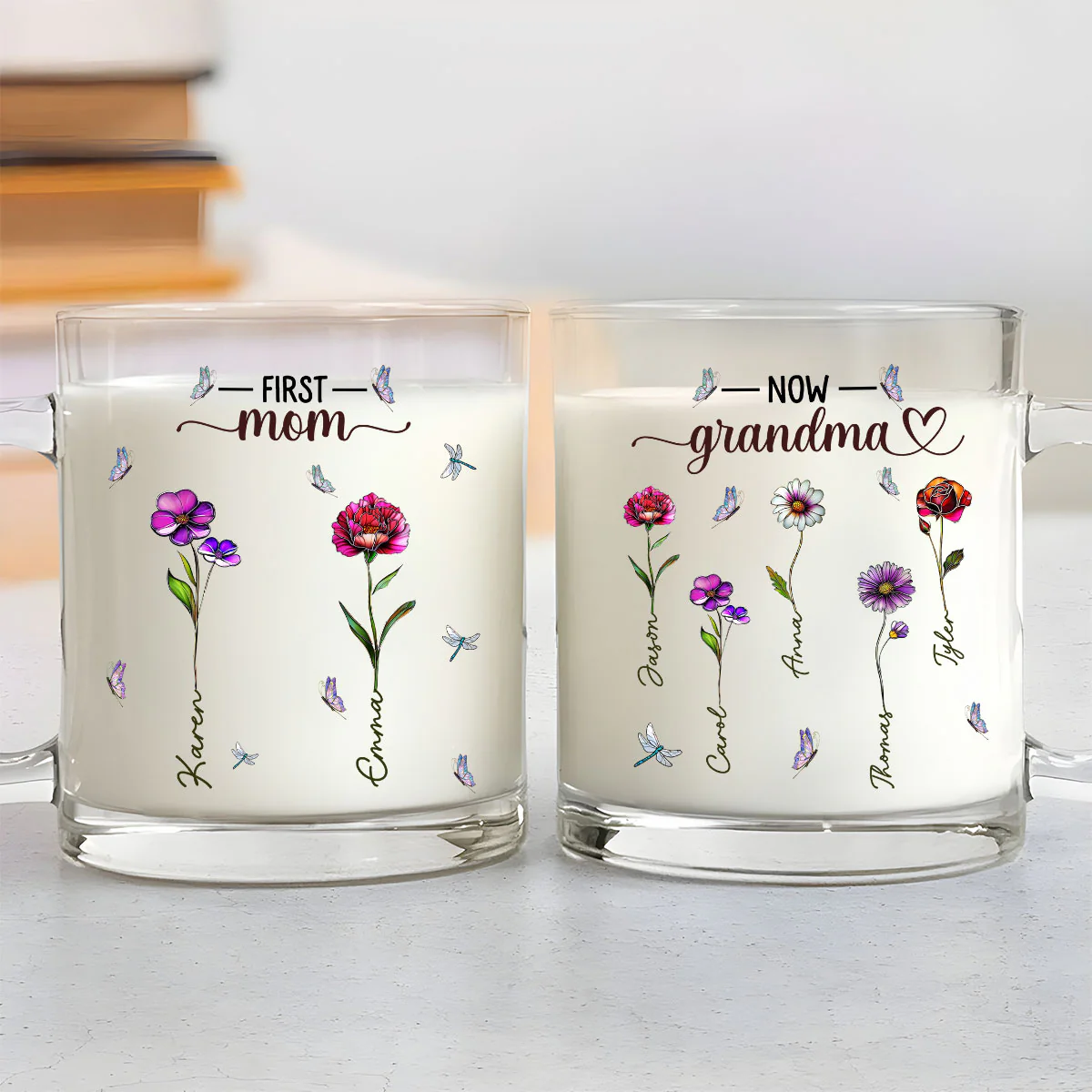 First Mom Now Nana Birthmonth Flower - Personalized Custom Glass Mug - Image 3