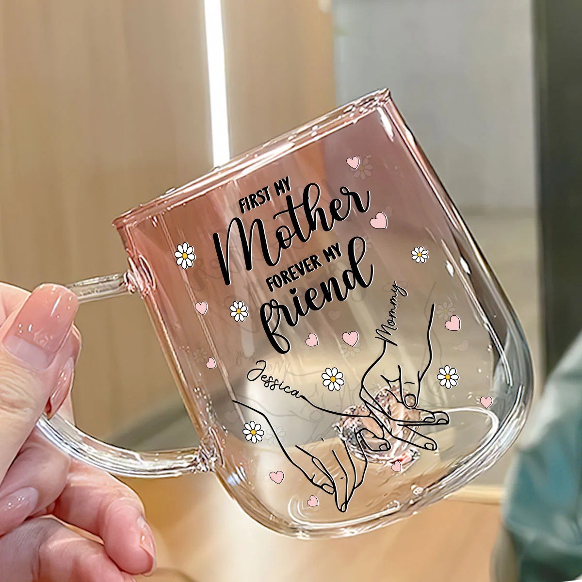 First My Daughter Forever My Friend - Personalized Custom Pink Gradient Glass Mug - Image 3