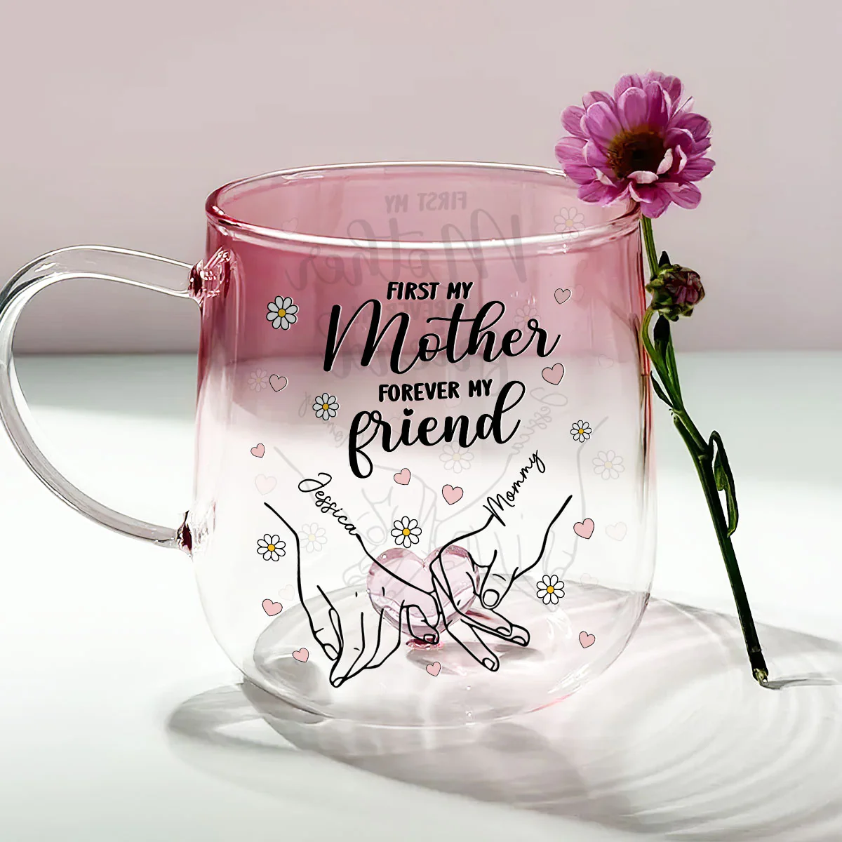 First My Daughter Forever My Friend - Personalized Custom Pink Gradient Glass Mug - Image 4