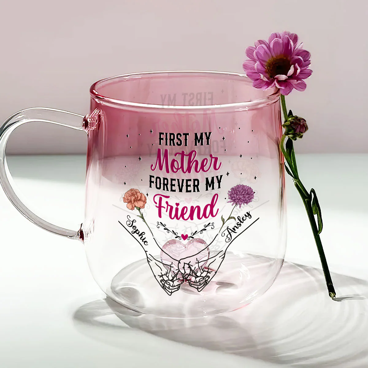 First My Mother Forever My Friend - Personalized Custom Pink Gradient Glass Mug - Image 2