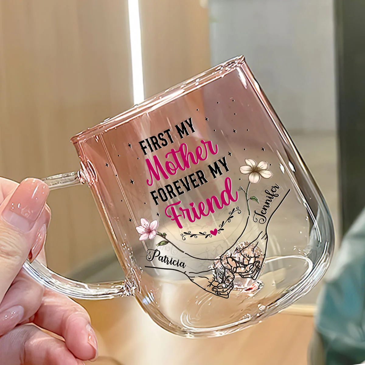 First My Mother Forever My Friend - Personalized Custom Pink Gradient Glass Mug - Image 3