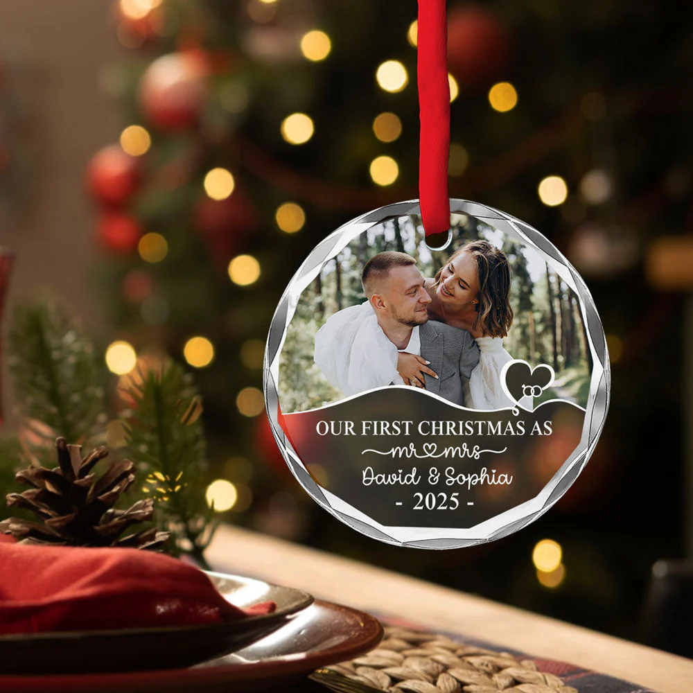 First Year As Husband Wife - Personalized Custom Glass Ornament - Image 4