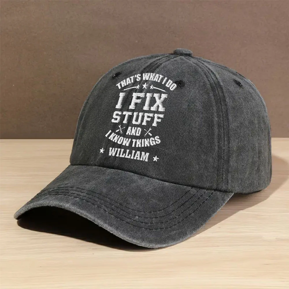 Fix Stuff And Know Things - Personalized Custom Vintage Washed Denim Cap - Image 2