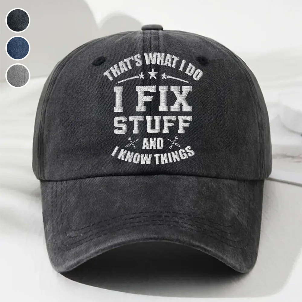 Fix Stuff And Know Things - Personalized Custom Vintage Washed Denim Cap - Image 3