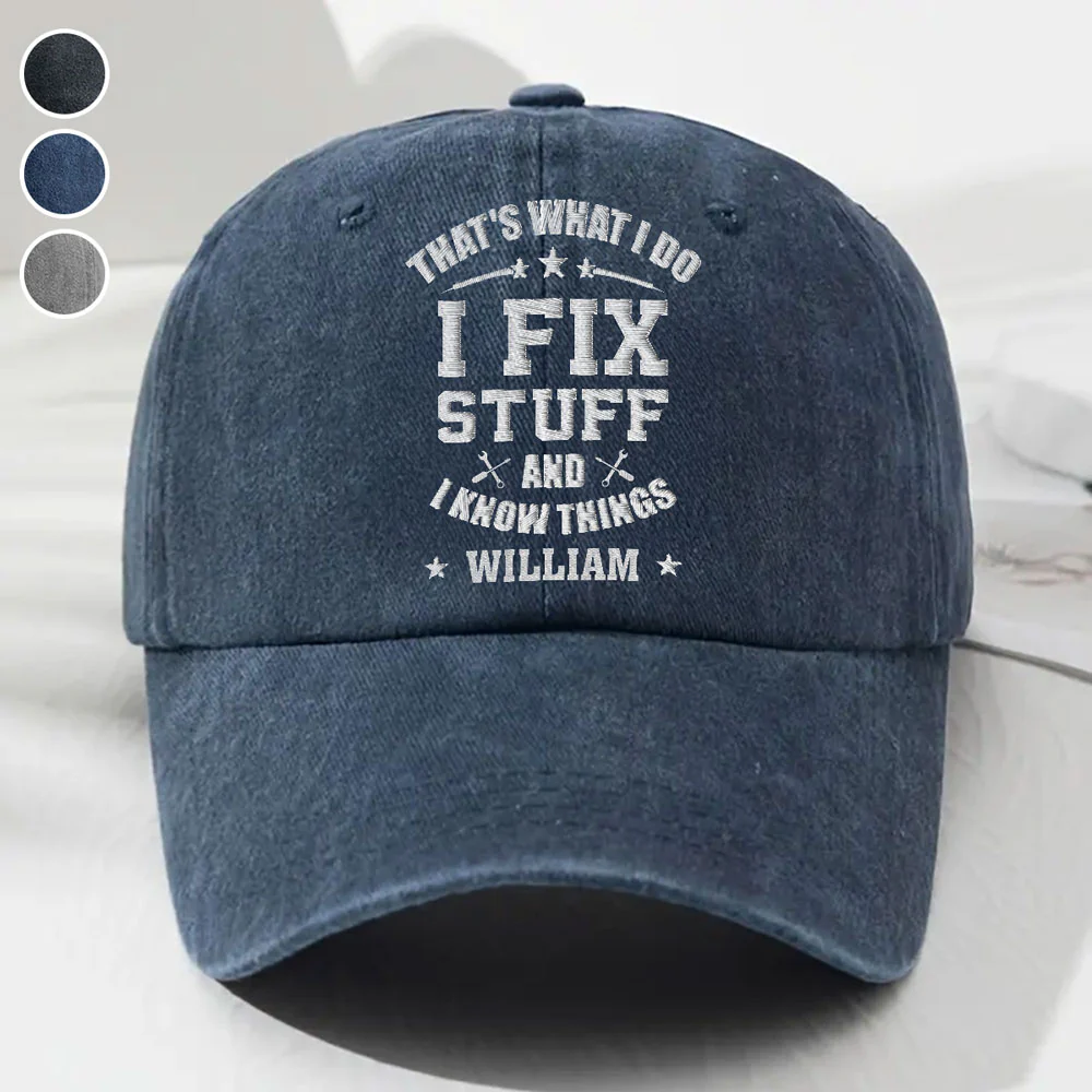 Fix Stuff And Know Things - Personalized Custom Vintage Washed Denim Cap - Image 4