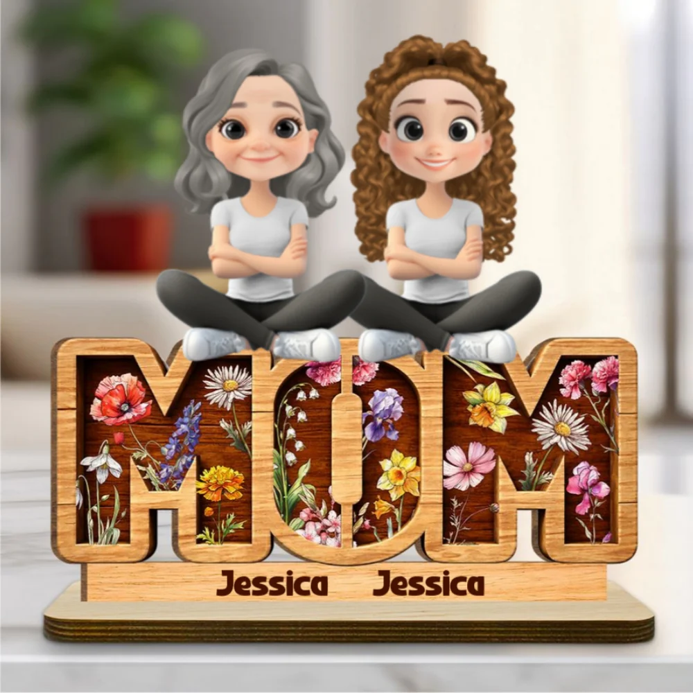 Floral Mom - Personalized Custom 2-Layer Wood Plaque With Flat Base - Image 6