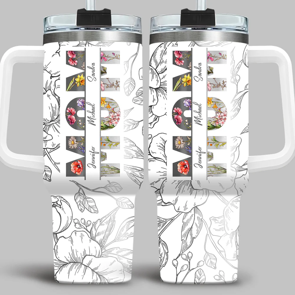 Floral Mom - Personalized Custom Engraved 40oz Tumbler With Handle