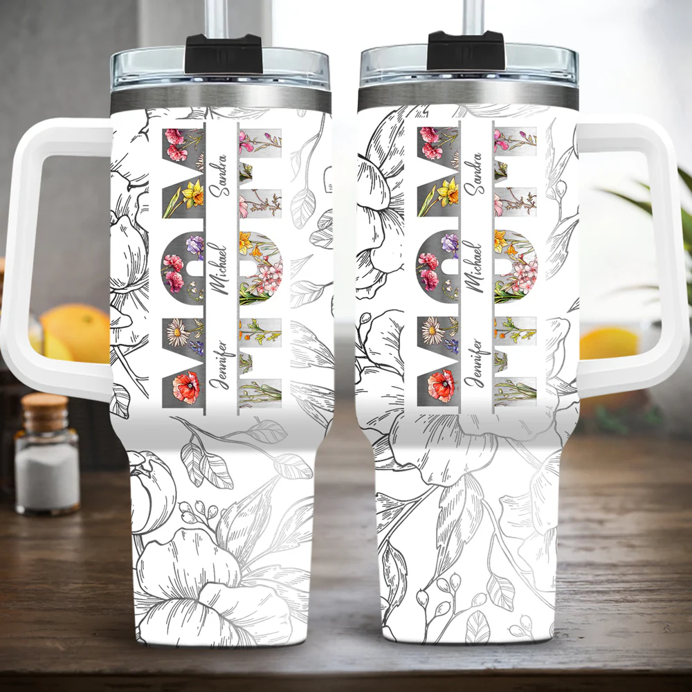 Floral Mom - Personalized Custom Engraved 40oz Tumbler With Handle - Image 4