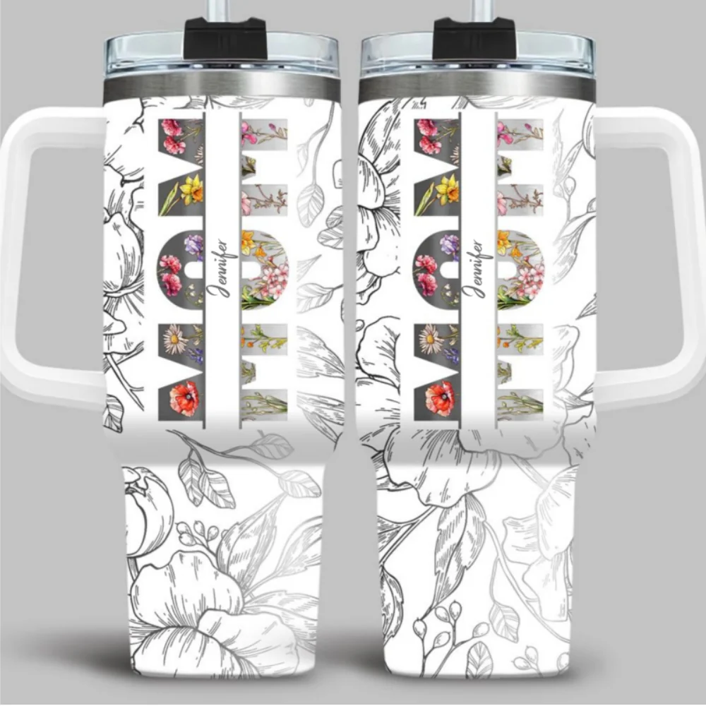 Floral Mom - Personalized Custom Engraved 40oz Tumbler With Handle - Image 5