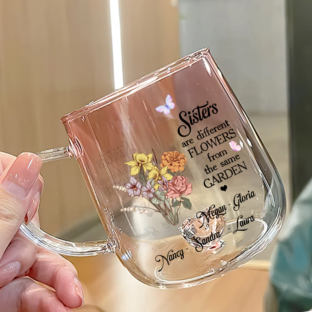 Floral Sisters Forever - Personalized Custom Pink Gradient Glass Mug - Image 2