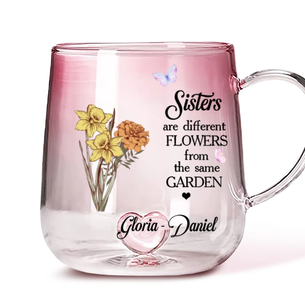 Floral Sisters Forever - Personalized Custom Pink Gradient Glass Mug - Image 5